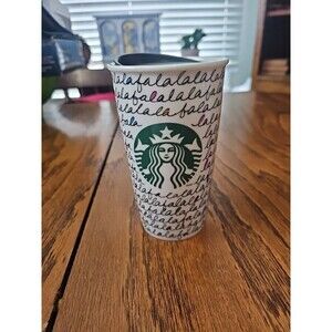 Starbucks 2011 FaLaLa Holiday Ceramic Mug Travel Tumbler 12 oz Coffee Cup w/ Lid